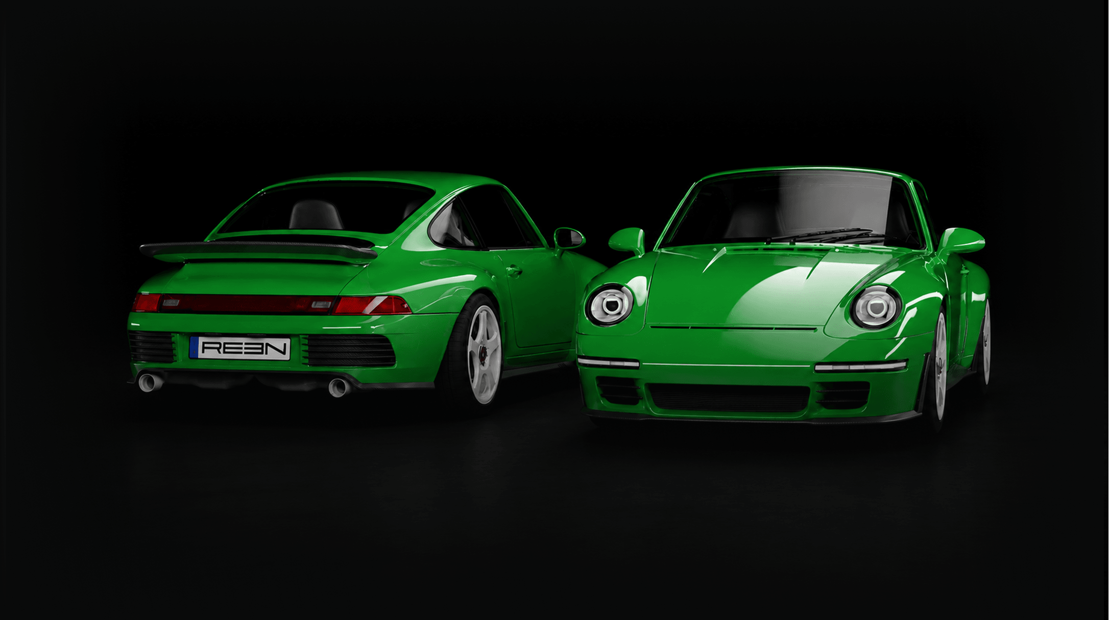 The reengineered Porsche 993 shown as an exploded build — body, chassis, suspension and drivetrain separated